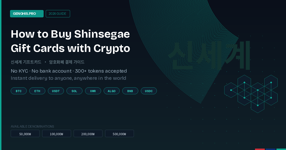 How to buy Shinsegae (신세계) gift cards with crypto — step-by-step guide showing accepted cryptocurrencies BTC, ETH, USDT, SOL, XMR, ALGO and available denominations from 50,000₩ to 500,000₩ on Genghis.pro